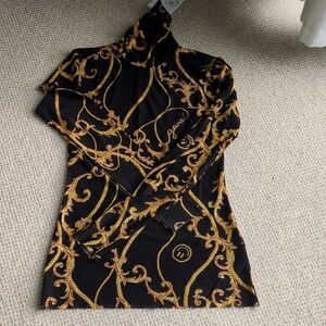 Ganni Black and Gold Baroque Long Sleeve Mesh Turtleneck